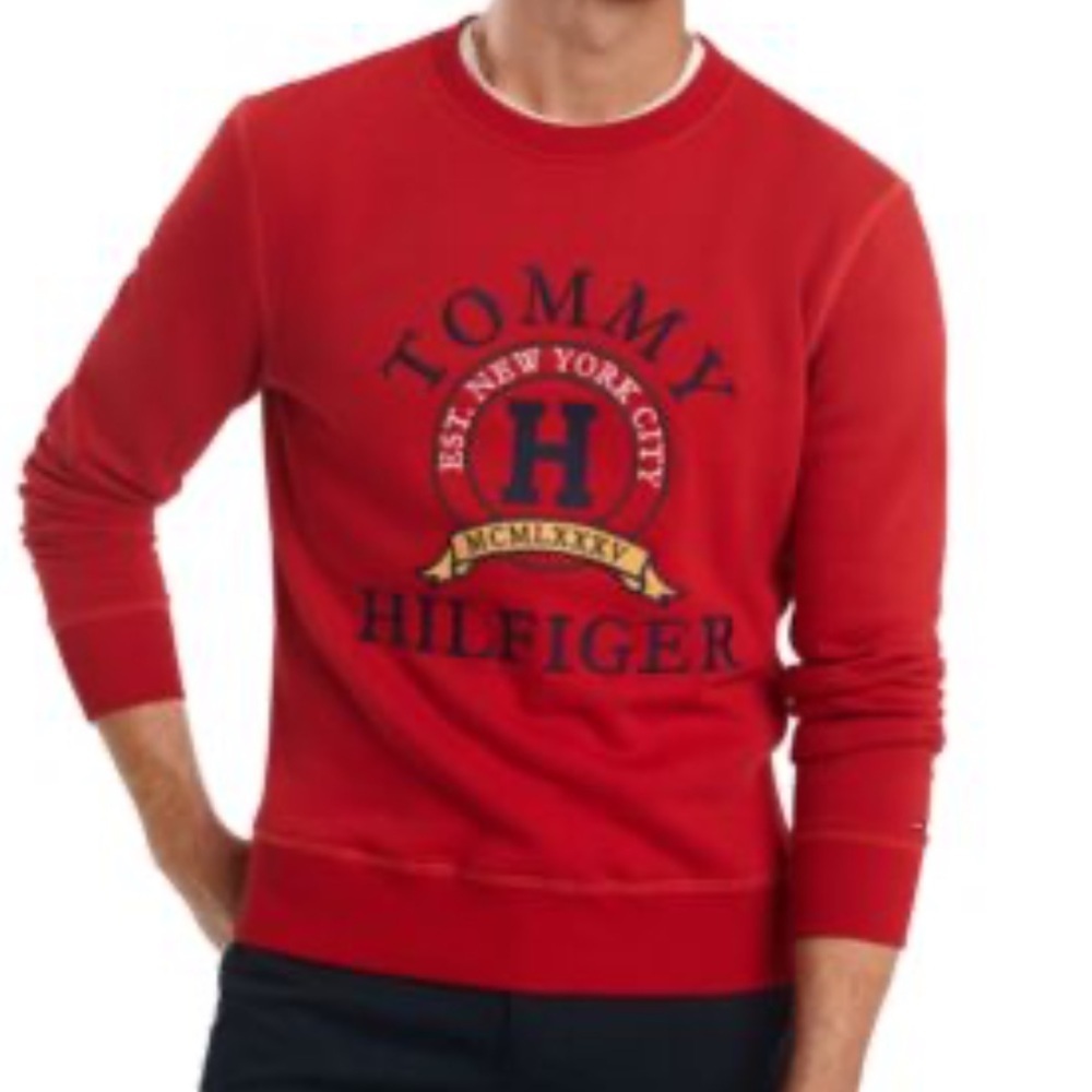Tommy Hilfiger Bold Red Crewneck Sweatshirt Logo Emblem Write Out Large